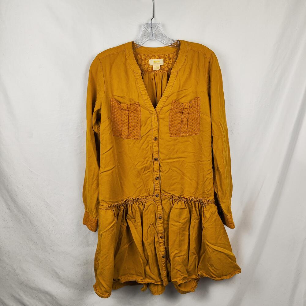 Maeve By Anthropologie Shirt Dress Womens 4 Yellow Button Front Ruffle Hem Boho